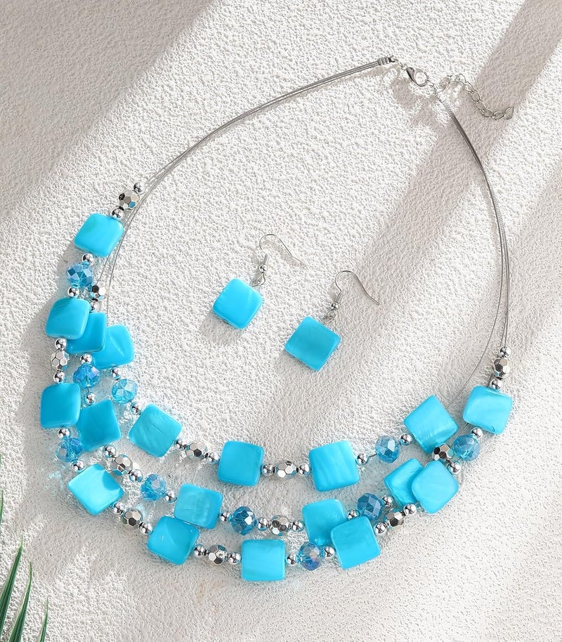 Errally Store Layered Beaded Statement Necklaces for Women Square Shell Bead Collar Necklace and Earring Set Birthday Gifts Boho Jewelry Sets for Women - Image 2